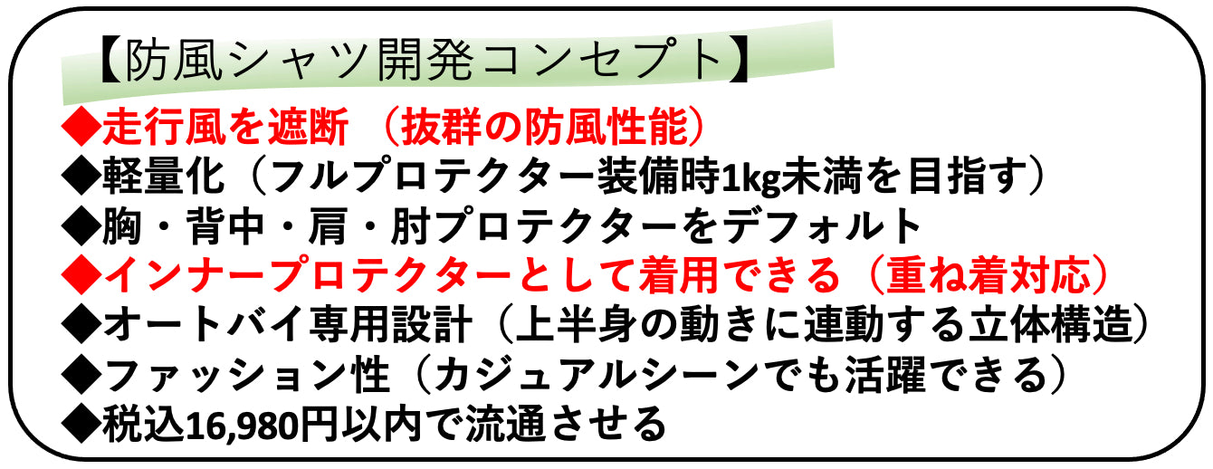 寒風に負けるな！『走行風を遮断する』ライダー専用【防風シャツ】が完成！