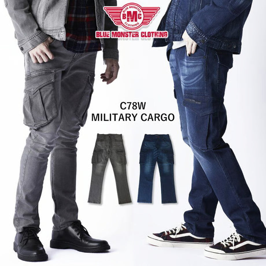 作業服 ストレッチデニム カーゴパンツ レギュラーフィット/ BMC MILITARY CARGO REBEL BLACK & MIDNIGHT / C78W