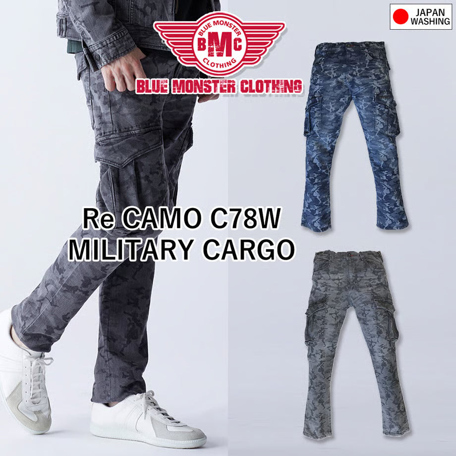 （限定：国内加工）作業服 ストレッチデニム カーゴパンツ レギュラーフィット/ BMC Re CAMO MILITARY CARGO CAMO BLACK & CAMO BLUE / C78W