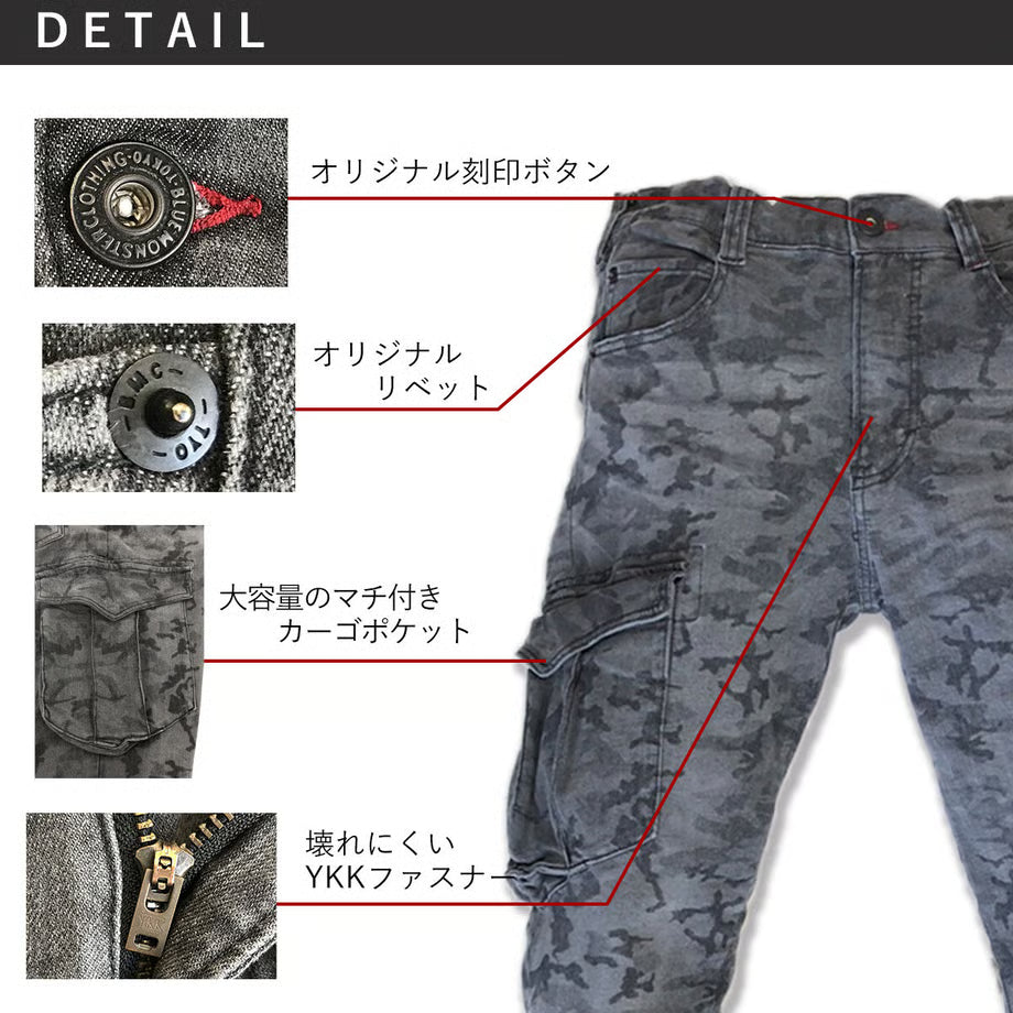 （限定：国内加工）作業服 ストレッチデニム カーゴパンツ レギュラーフィット/ BMC Re CAMO MILITARY CARGO CAMO BLACK & CAMO BLUE / C78W