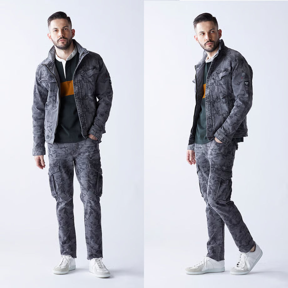 （限定：国内加工）作業服 ストレッチデニム カーゴパンツ レギュラーフィット/ BMC Re CAMO MILITARY CARGO CAMO BLACK & CAMO BLUE / C78W