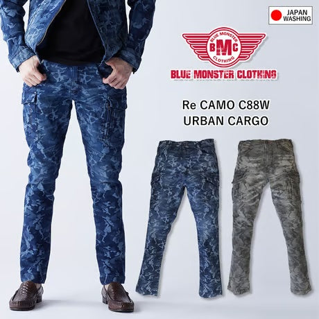 （限定：国内加工）作業服 ストレッチデニム カーゴパンツ タイトフィット/ BMC  Re CAMO URBAN CARGO CAMO BLACK& CAMO BLUE / C88W