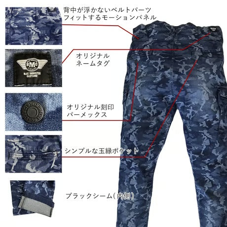 （限定：国内加工）作業服 ストレッチデニム カーゴパンツ タイトフィット/ BMC  Re CAMO URBAN CARGO CAMO BLACK& CAMO BLUE / C88W