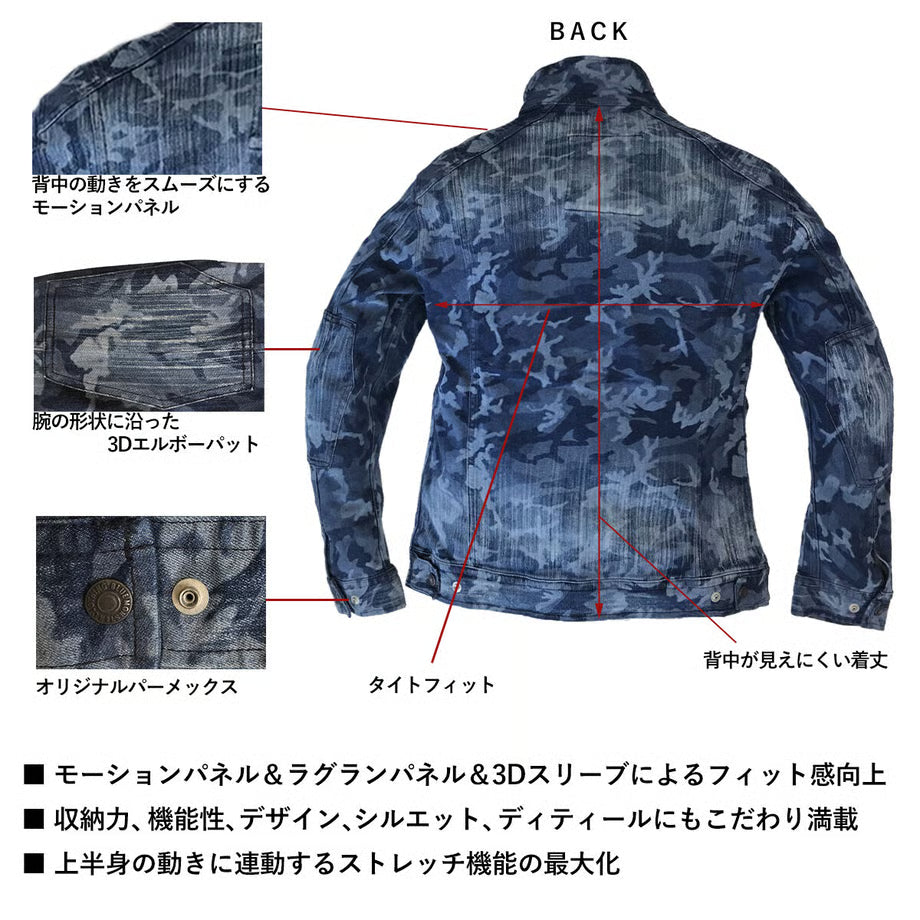 （限定：国内加工）作業服 ストレッチデニム ジャケット レギュラーフィット/ BMC Re CAMO URBAN the 3rd JACKET CAMO BLACK & CAMO BLUE/ U03W