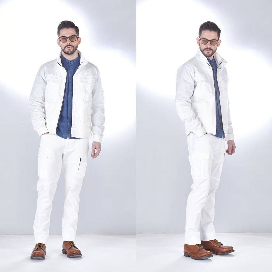 作業服 ストレッチホワイトデニム セットアップ レギュラーフィット/ (SET UP)BMC  URBAN CARGO PANTS YOKOHAMA WHITE / U03W&C88W